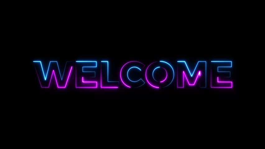 Animation of welcome neon text, black background. Glowing neon text welcome back my account.