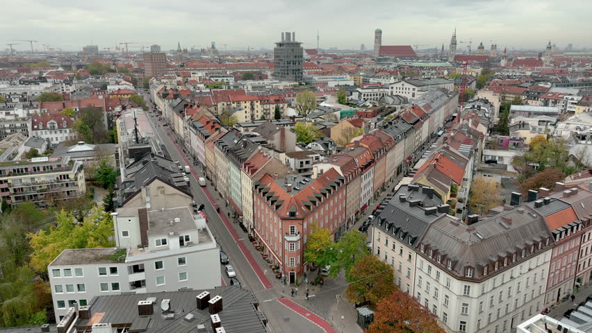 day time munich city traffic streets crossroad exterior aerial panorama 4k germany