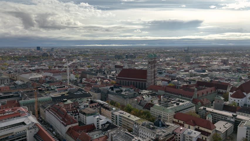 day time munich cityscape famous central church exterior aerial panorama 4k germany