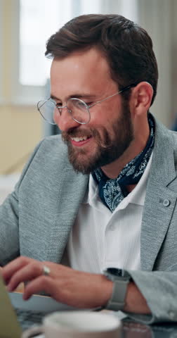 Finance, trading and happy man with success, laptop or investment goals on stock market. Winning, cryptocurrency and excited trader with financial growth, achievement or fist pump for online target