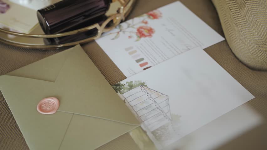 Wedding invitations, wedding accessories. Collection showcases Elegant Floral Stationery paired with a Green Envelope Display