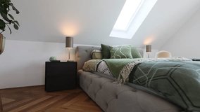 Steady gimbal pan shot from a cozy sunlit bedroom at the attic of a house showcasing elegant luxury interior design - Powered by Shutterstock - Get 15% off with code: PIKWIZARD15