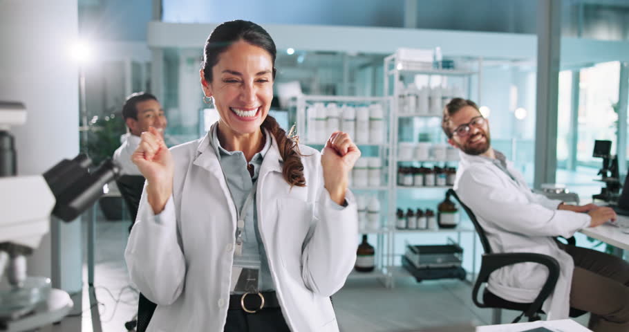 Celebrate, scientist and happy woman in lab for success for breakthrough, research results or healthcare. Goal achievement, science and laptop for medical discovery, innovation or cure development