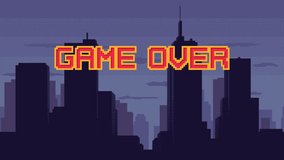 Game Over screen animation - pixel art with night city landscape background. Dark cityscape banner with Press Start phrase. Animated video with seamless loop. - Powered by Shutterstock - Get 15% off with code: PIKWIZARD15
