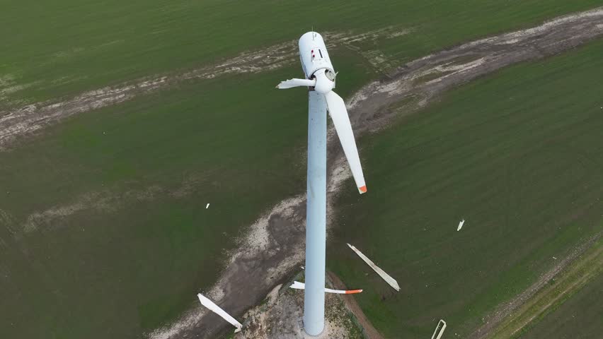 Close-up of a destroyed wind turbine generator. Strong winds and high speeds break the propellers. Destroyed infrastructure Disaster. Windmill, energy production