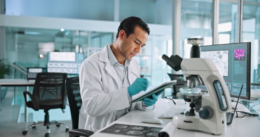 Tablet, science and man writing medical test for research, thinking or virus analysis. Pen, technology and scientist in laboratory for medicine development, data or solution for healthcare innovation