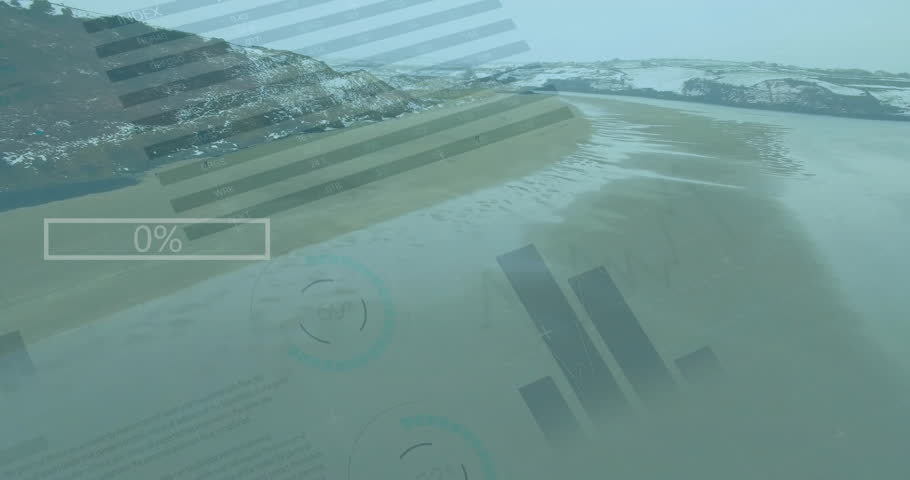 Animation of data visualization graphics overlaying coastal landscape scene. Analytics, technology, infographic, ocean, innovation, environment
