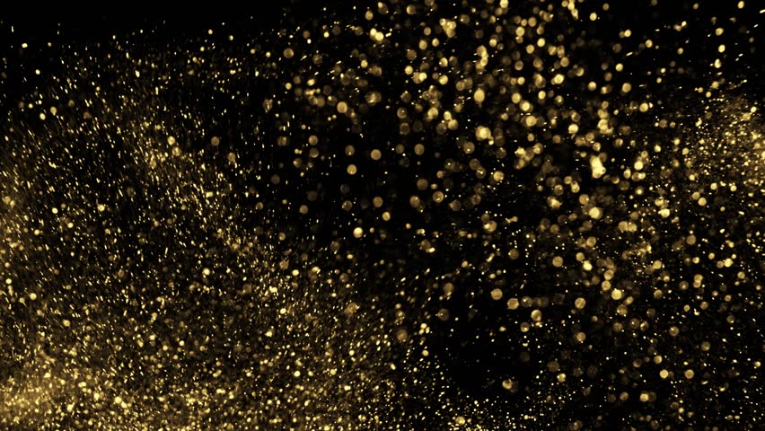 Gold dust particles fly in slow motion in the air lingering slowly. Dust Particles Background Bokeh Lights Background on Black Background 4k Footage Snow Particles Background.