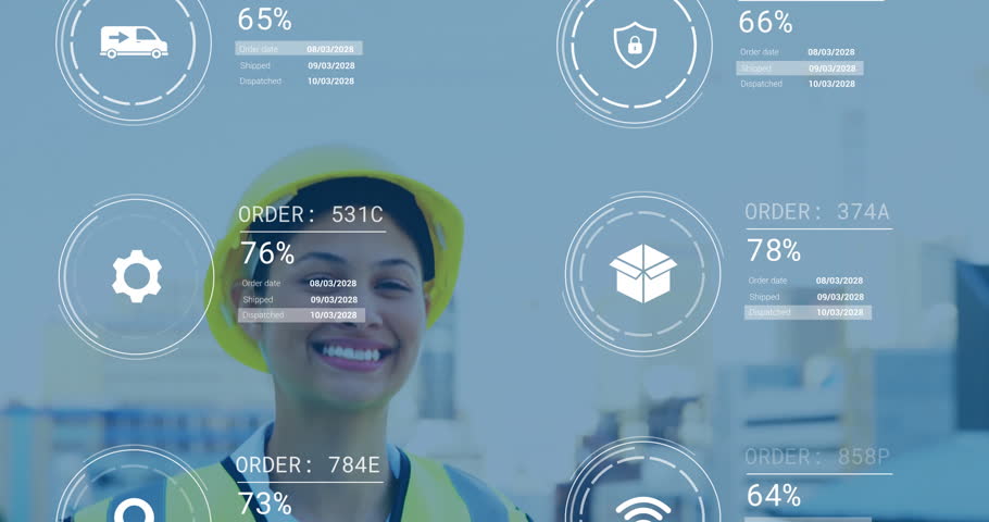 In school, animation of worker wearing safety gear with digital order tracking. Manufacturing, logistics, technology, equipment, process, production
