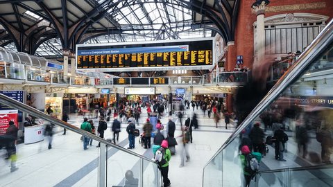 LONDON, UNITED KINGDOM - APRIL 9: Commuters inside Liverpool Street Station on April 9, 2013 in London, UK. The annual rail passenger usage between 2011 - 2012 was 13.835 million.