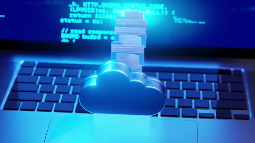Glowing cloud icon with digital file folders over a laptop keyboard, representing cloud computing, online data storage, and digital transfer.