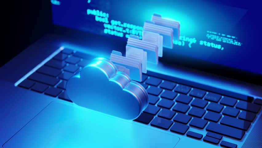 Glowing cloud icon with digital file folders over a laptop keyboard, representing cloud computing, online data storage, and digital transfer.