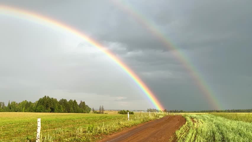A double rainbow on a rainy spring day. A multicolored rainbow over a floral green field in the Perm Region. A rainbow against a cloudy sky.