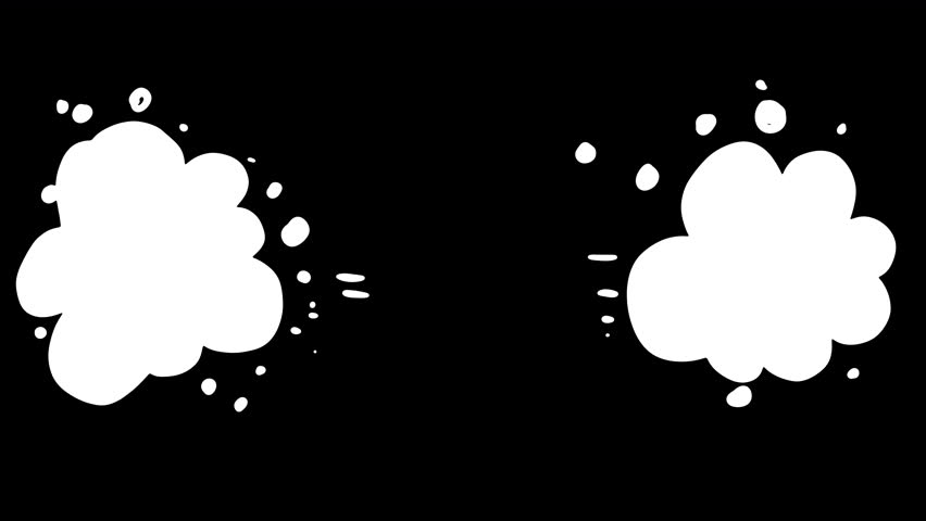 White 2D smoke appears and disappears on a black screen. VFX animation representing car exhaust, acceleration, steam from the nose, or the start of a run. A cartoon smoke effect for overlaying.