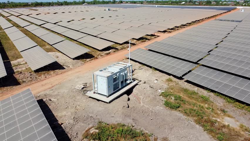 Solar inverter station on Jambur solar plant, Gambia. Aerial dolly out