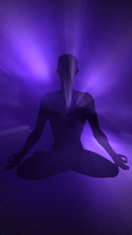 Human figure in lotus yoga pose on space background in meditation concept. Animation video. Vertical video