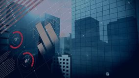 World map and pie charts animation over modern cityscape background. Business, analytics, data, global, technology, financial - Powered by Shutterstock - Get 15% off with code: PIKWIZARD15