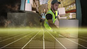 Handling boxes, warehouse worker with digital grid overlay in background. Logistics, transportation, inventory, distribution, technology, workforce - Powered by Shutterstock - Get 15% off with code: PIKWIZARD15