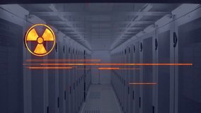 In server room, warning text and radiation symbol overlay on animation. Technology, cybersecurity, network, infrastructure, digital, alert - Powered by Shutterstock - Get 15% off with code: PIKWIZARD15