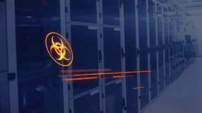 Biohazard symbol animation alerting in server room, indicating emergency situation. Warning, technology, data center, security, critical, caution - Powered by Shutterstock - Get 15% off with code: PIKWIZARD15