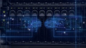 Digital circuit animation overlaying server hardware in data center environment. Technology, network, infrastructure, computing, electronics - Powered by Shutterstock - Get 15% off with code: PIKWIZARD15