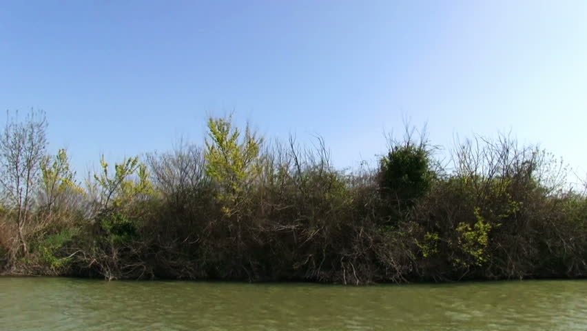 Vessel sails on the canal, view on coast, timelapse