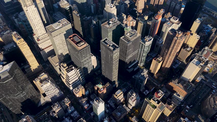 Aerial video above skyscrapers and skyline in Manhattan, New York City, USA