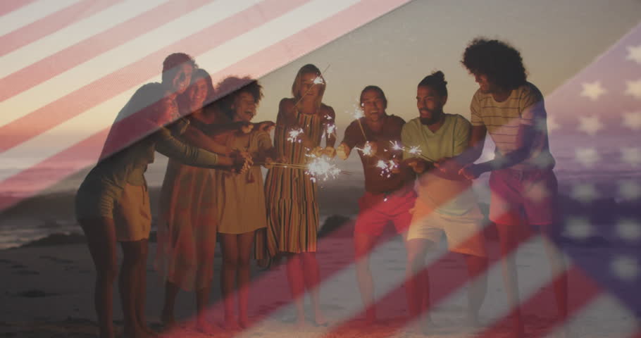 Holding sparklers on beach, group of friends with American flag animation. Celebration, patriotism, summer, friendship, fireworks, festival