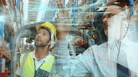 Warehouse workers using animation on digital holographic displays in storage facility. Technology, innovation, logistics, futuristic, workforce, interactive - Powered by Shutterstock - Get 15% off with code: PIKWIZARD15