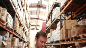 In warehouse, man using tablet with digital network animation overlay. Technology, logistics, management, connectivity, inventory, business - Powered by Shutterstock - Get 15% off with code: PIKWIZARD15