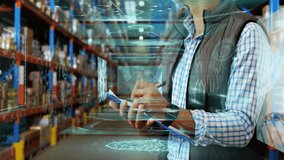 Warehouse worker with clipboard surrounded by digital data processing animation. Logistics, technology, inventory, management, efficiency, futuristic - Powered by Shutterstock - Get 15% off with code: PIKWIZARD15