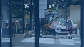 Digital network animation over diverse team collaborating in modern office space. Teamwork, collaboration, innovation, technology, business, meeting - Powered by Shutterstock - Get 15% off with code: PIKWIZARD15