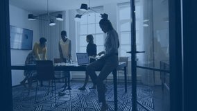 Animation of cloud computing icons in business meeting at modern office. Technology, innovation, collaboration, digital, connectivity, futuristic - Powered by Shutterstock - Get 15% off with code: PIKWIZARD15