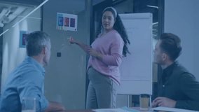 Business meeting with digital network animation overlaying people discussing ideas. Collaboration, innovation, networking, brainstorming, technology, team - Powered by Shutterstock - Get 15% off with code: PIKWIZARD15