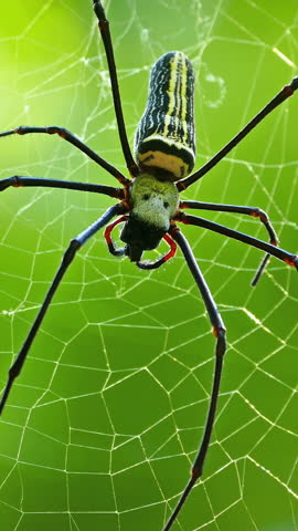 Tropical spider on the web, macro shot. Vertical video