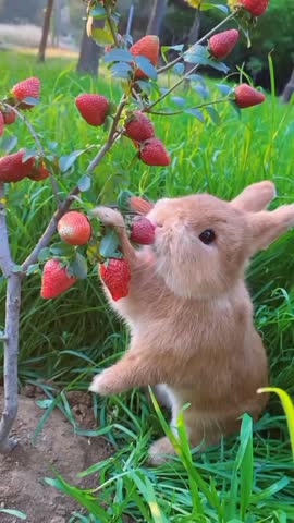 Cute Rabbit Eating a Strawberry in a Garden.