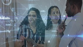 Discussing data analytics, diverse business team using digital network animation. Technology, teamwork, collaboration, innovation, networking, brainstorming - Powered by Shutterstock - Get 15% off with code: PIKWIZARD15