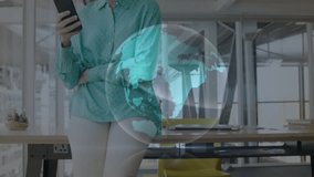 Using smartphone, businesswoman interacting with digital globe and data streams animation. Technology, innovation, connectivity, communication, networking, futuristic - Powered by Shutterstock - Get 15% off with code: PIKWIZARD15
