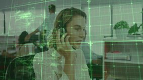 In office, customer service representative working with animation of digital data grid. Technology, customer support, data analysis, communication, business, network - Powered by Shutterstock - Get 15% off with code: PIKWIZARD15