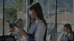 Using smartphone, woman with digital data animation overlay in school setting. Technology, innovation, education, learning - Powered by Shutterstock - Get 15% off with code: PIKWIZARD15