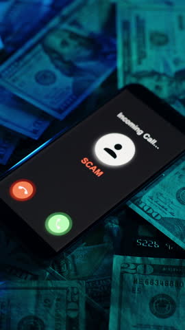 Vertical video. A smartphone displays a scam alert with incoming call icons glowing against a background of scattered US dollar bills, captured in a moody, low-light setting