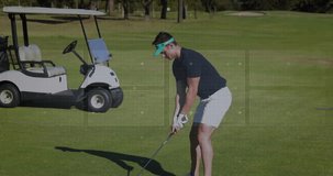 Man playing golf with digital data processing animation over green field. technology, sports, analysis, outdoors, innovation, recreation - Powered by Shutterstock - Get 15% off with code: PIKWIZARD15