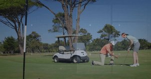 Golfers on course with digital interface animation overlaying golf cart and green. Golfing, technology, augmented reality, sports, innovation, recreation - Powered by Shutterstock - Get 15% off with code: PIKWIZARD15