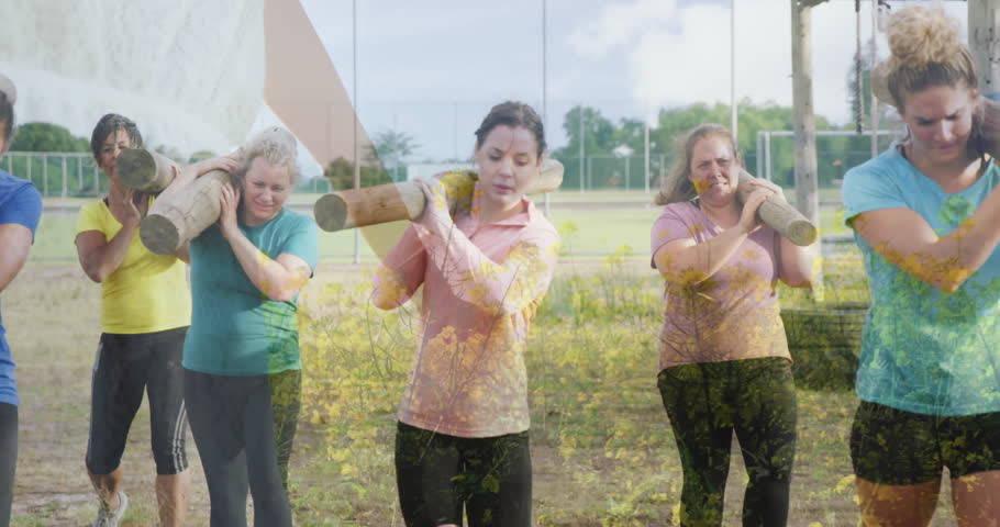 Carrying logs outdoors, women with abstract floral overlay animation. Forestry, teamwork, nature, surreal, artistic, collaboration