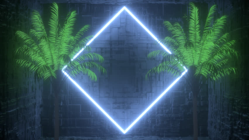 Frame border of palm trees and neon square frame on a dark background. Useful for displaying text and logos. Neon glowing square frame with exotic plants in seamless loop.
