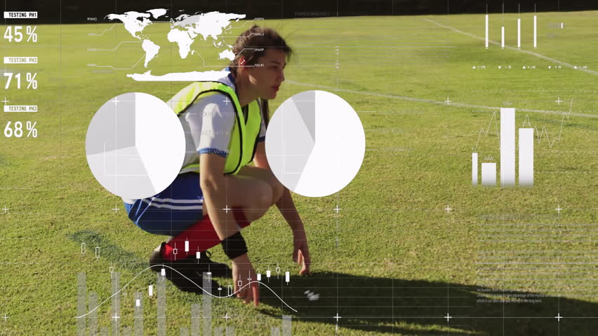 Soccer player squatting on field with data analytics overlay animation. Football, athlete, sports technology, monitoring, performance, tracking - Powered by Shutterstock - Get 15% off with code: PIKWIZARD15