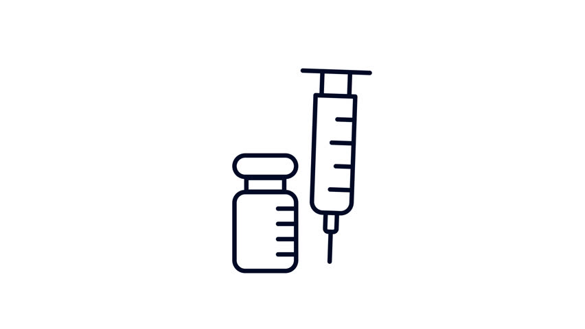 Animated medical icon featuring a syringe and a vaccine bottle in a clean outline design