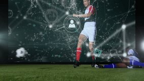 Network of connections and data processing animation over soccer field scene. Technology, sports, connectivity, digital, visualization, analytics - Powered by Shutterstock - Get 15% off with code: PIKWIZARD15