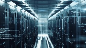 Futuristic data center corridor with digital data processing animation over servers. Technology, cybersecurity, innovation, network, infrastructure - Powered by Shutterstock - Get 15% off with code: PIKWIZARD15