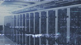 Animation overlaying glitch effect on rows of servers in data center. Technology, network, cyber, digital, futuristic, distortion - Powered by Shutterstock - Get 15% off with code: PIKWIZARD15